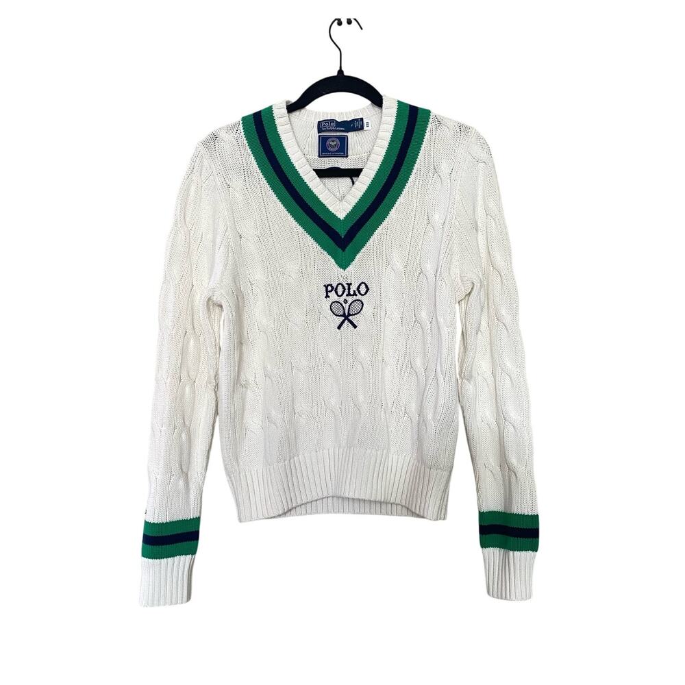 RALPH LAUREN POLO WIMBELDON APPLIQUÉD EMBROIDERED CABLE KNIT COTTON Sweater sz M